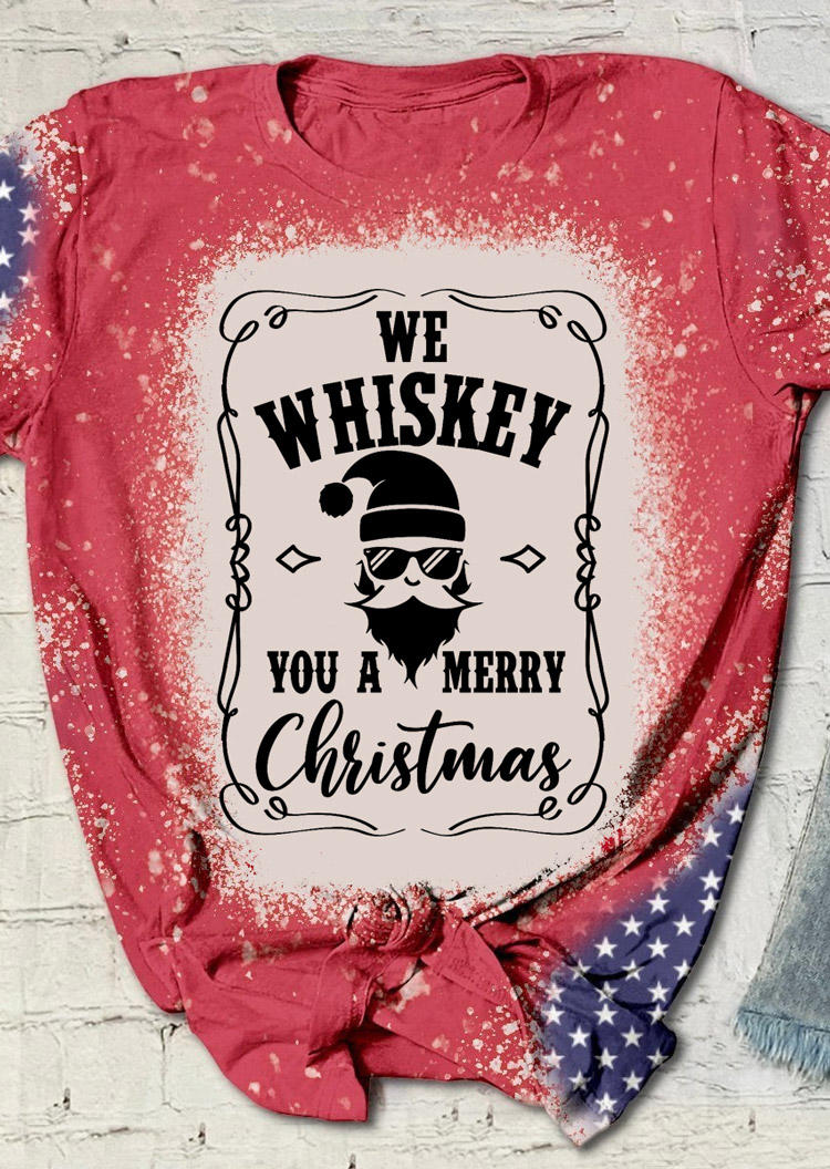 

We Whiskey You A Merry Christmas Bleached T-Shirt Tee - Red, SCM008638