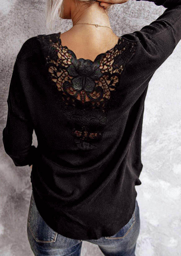 

Lace Splicing Drop Shoulder V-Neck Blouse - Black, SCM008671