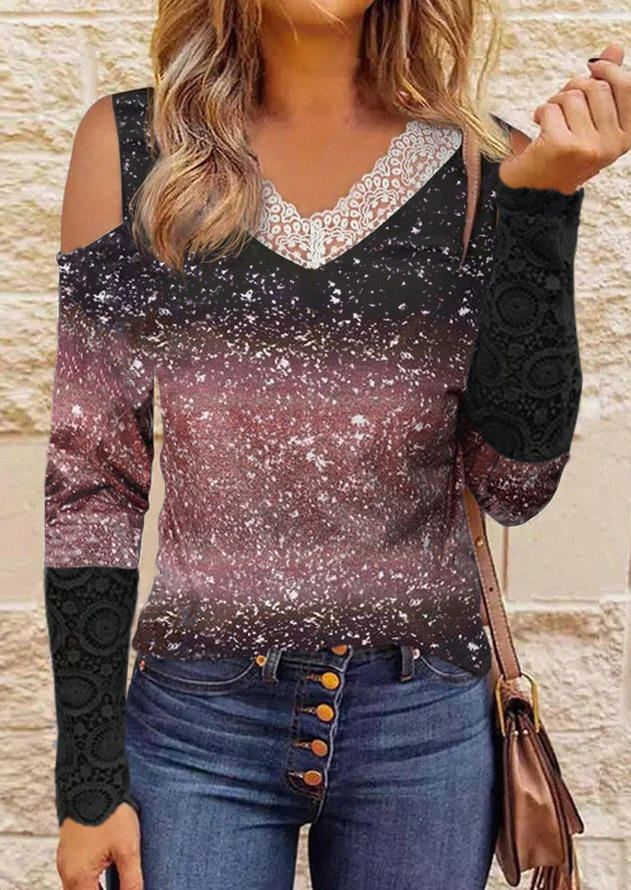 

Lace Splicing Gradient Cold Shoulder Blouse, Multicolor, SCM008708