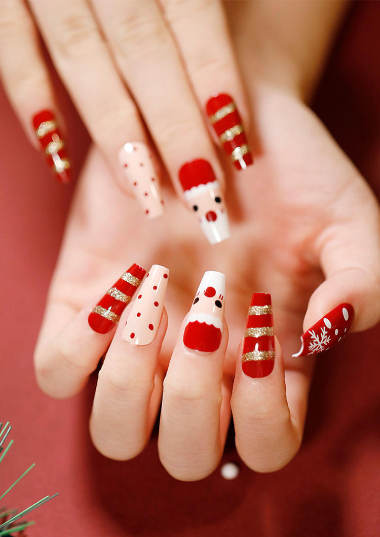 

24Pcs Christmas Snowman Snowflake Fake Nail Set, Green;red, SCM008719
