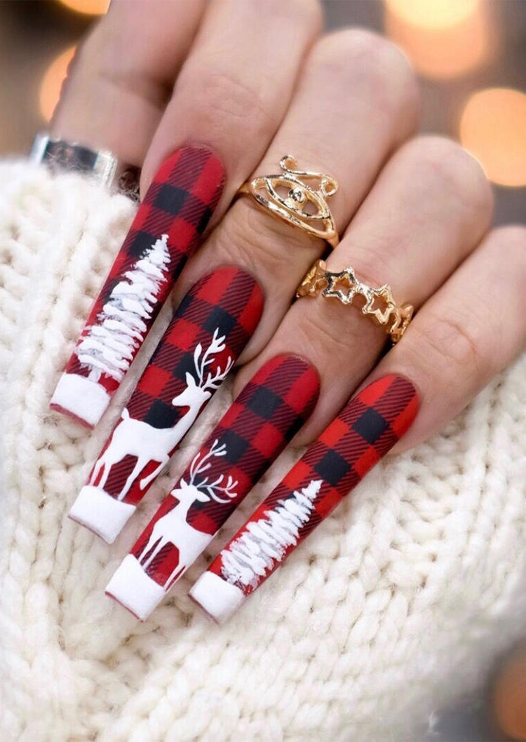 

24Pcs Christmas Tree Reindeer Plaid Full Cover Acrylic Nails, Multicolor, SCM008720