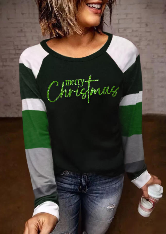 

Merry Christmas Color Block O-Neck T-Shirt Tee - Dark Green, SCM008768