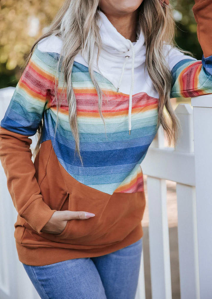 

Colorful Striped Color Block Pocket Hoodie, Multicolor, SCM008816