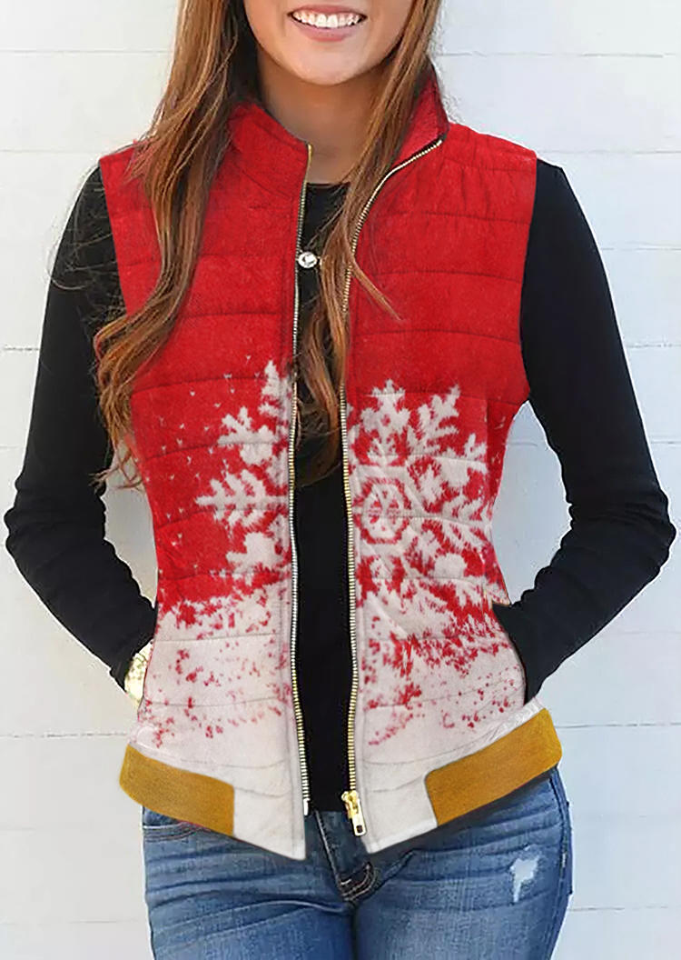 

Christmas Snowflake Zipper Pocket Sleeveless Vest Coat - Red, SCM008844