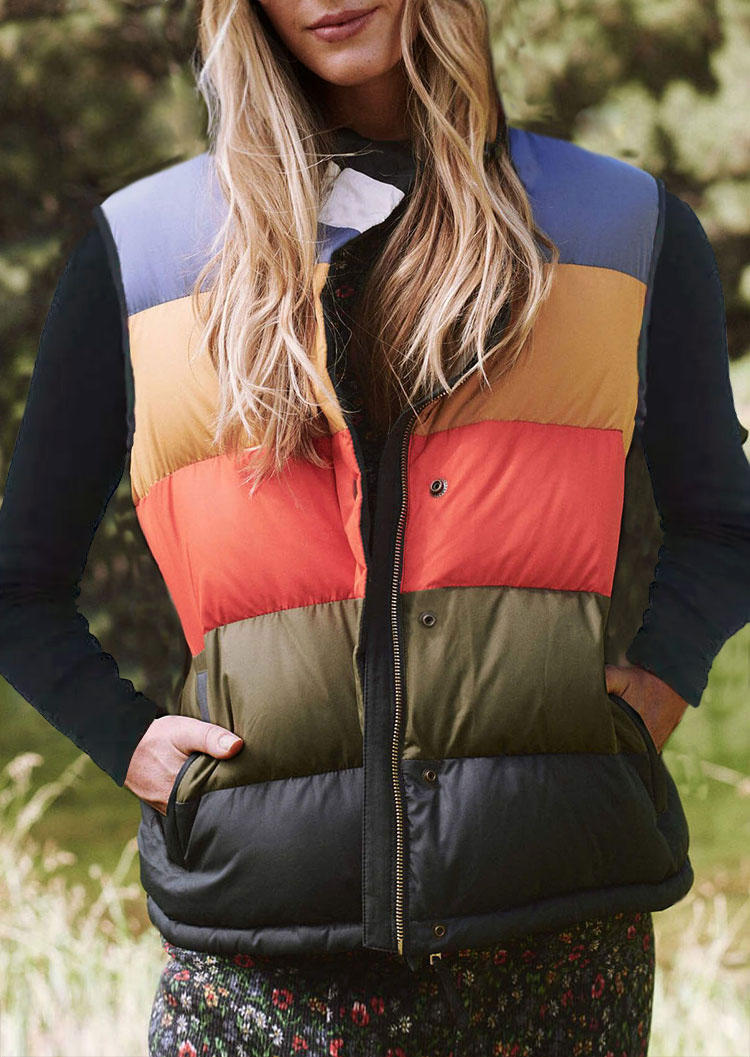 

Color Block Button Zipper Pocket Sleeveless Vest Coat - Black, SCM008852