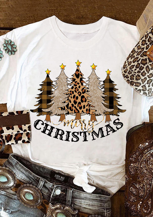 

Merry Christmas Tree Leopard Plaid T-Shirt Tee - White, SCM008868