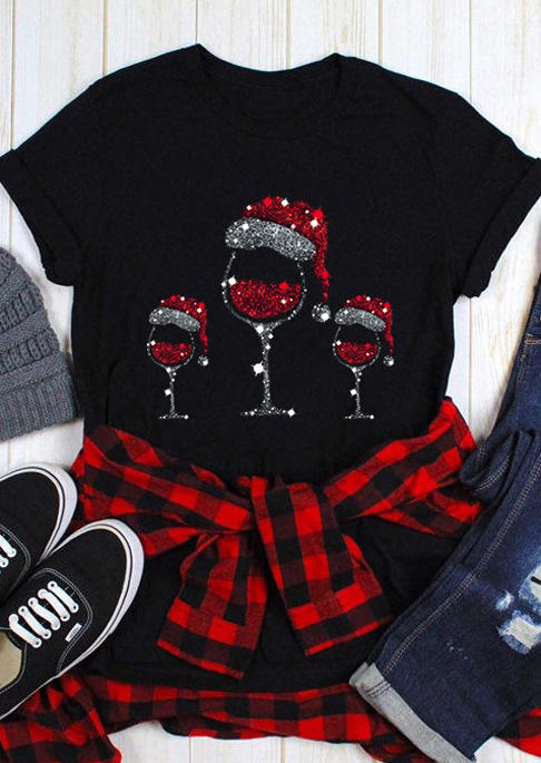 

Christmas Hat Wine Glass O-Neck T-Shirt Tee - Black, SCM008922