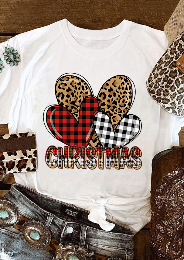 

Christmas Leopard Plaid Love Heart T-Shirt Tee - White, SCM008938