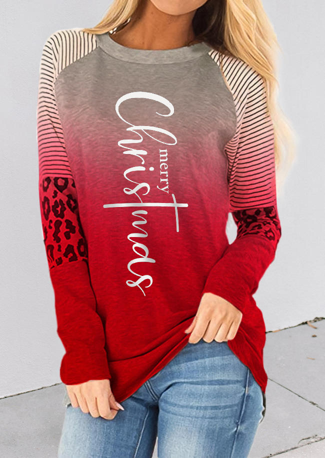 

Merry Christmas Gradient Leopard Striped T-Shirt Tee - Red, SCM008939