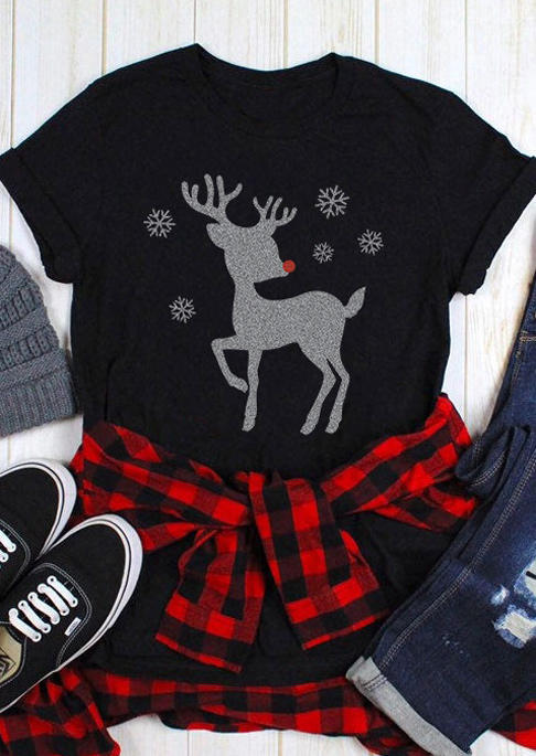 

Christmas Reindeer Snowflake T-Shirt Tee - Black, SCM008963