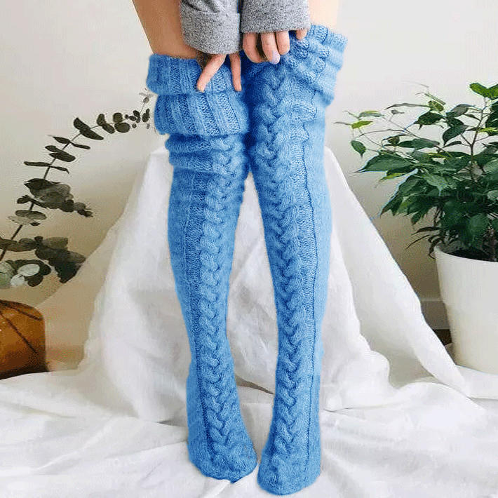 Warm Over Knee Extra Long Knitted Socks - Blue