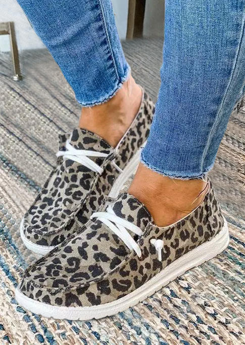 Leopard Lace Up Round Toe Flat Sneakers