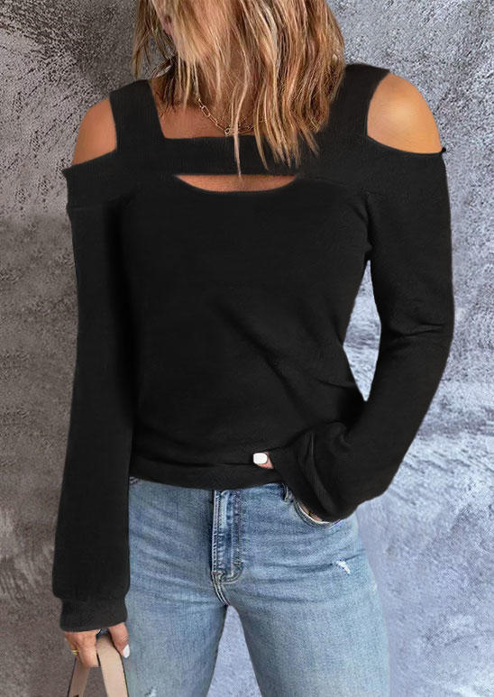 

Hollow Out Cold Shoulder Long Sleeve Blouse - Black, SCM004631