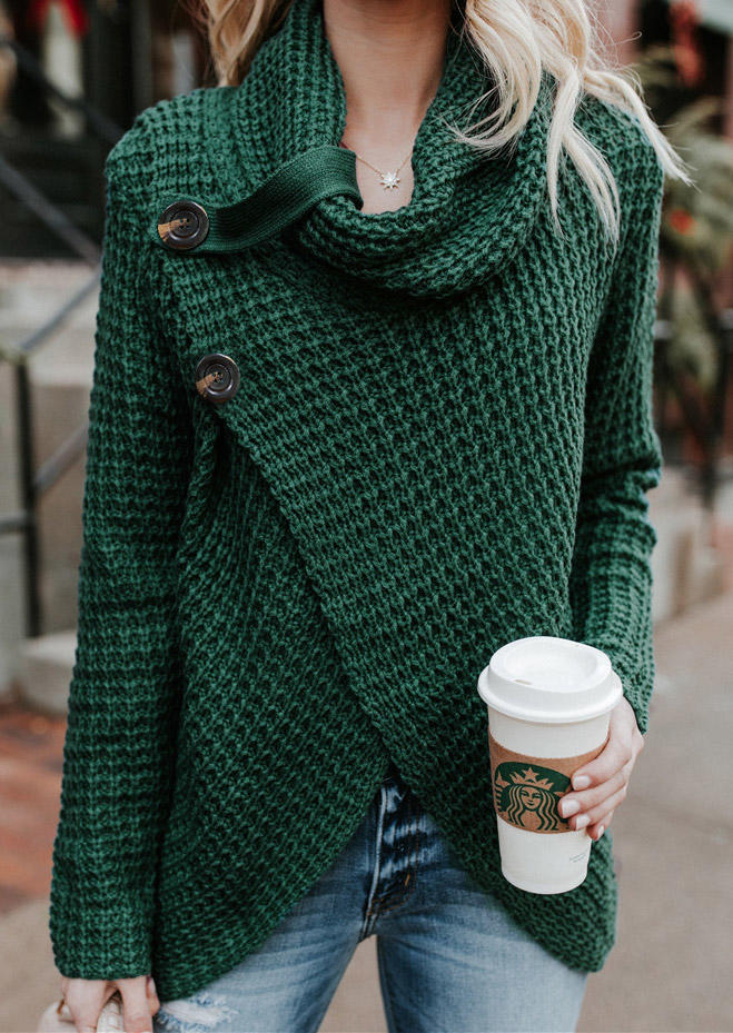 

Irregular Button Long Sleeve Sweater - Green, SCM007550