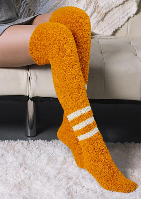 

Striped Soft Plush Over Knee Extra Long Socks, Yellow, SCM007555