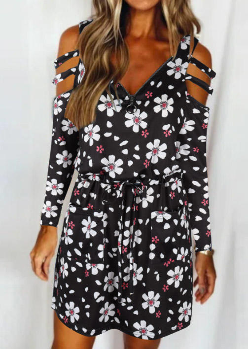 

Floral Zipper Pocket Tie Cold Shoulder Mini Dress - Black, SCM007906