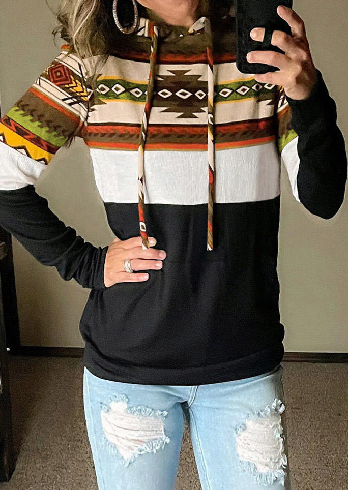 

Aztec Geometric Drawstring Long Sleeve Hoodie, Multicolor, SCM008049