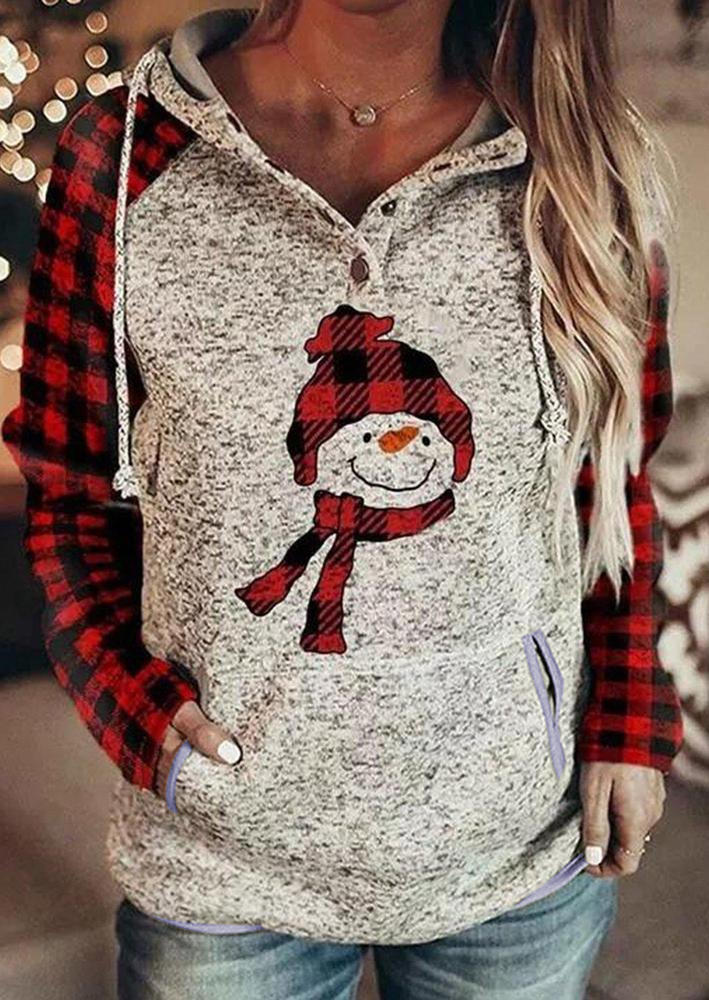 

Christmas Snowman Buffalo Plaid Button Hoodie - Gray, SCM008328