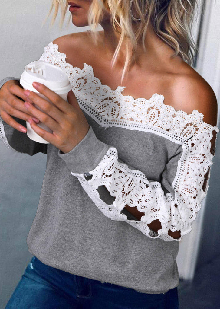 

Lace Splicing Long Sleeve Blouse - Gray, SCM008375