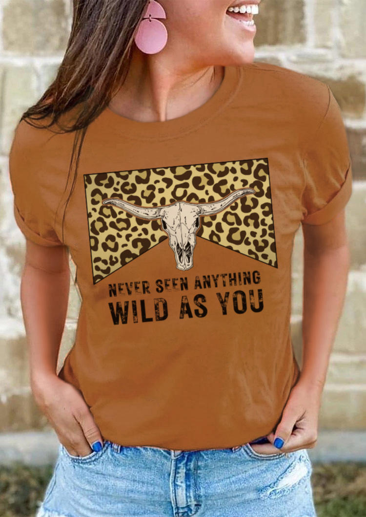 Never Seen Anything Wild As You Leopard Steer Skull T-Shirt Tee - Orange
