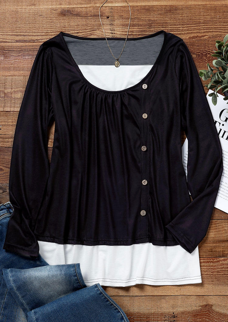 Side Button Fake Two-Piece Long Sleeve Blouse - Black
