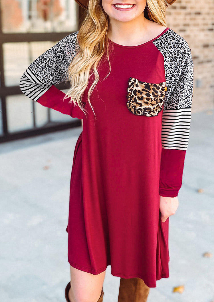 

Leopard Striped Pocket Mini Dress - Red, SCM008526