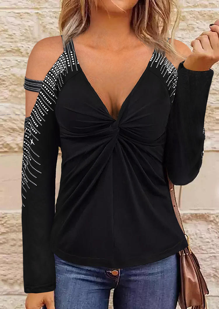

Twist Ruffled Cold Shoulder Blouse - Black, SCM008568