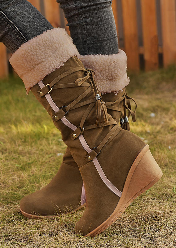 Winter Lace Up Fur Warm Heeled Boots - Brown