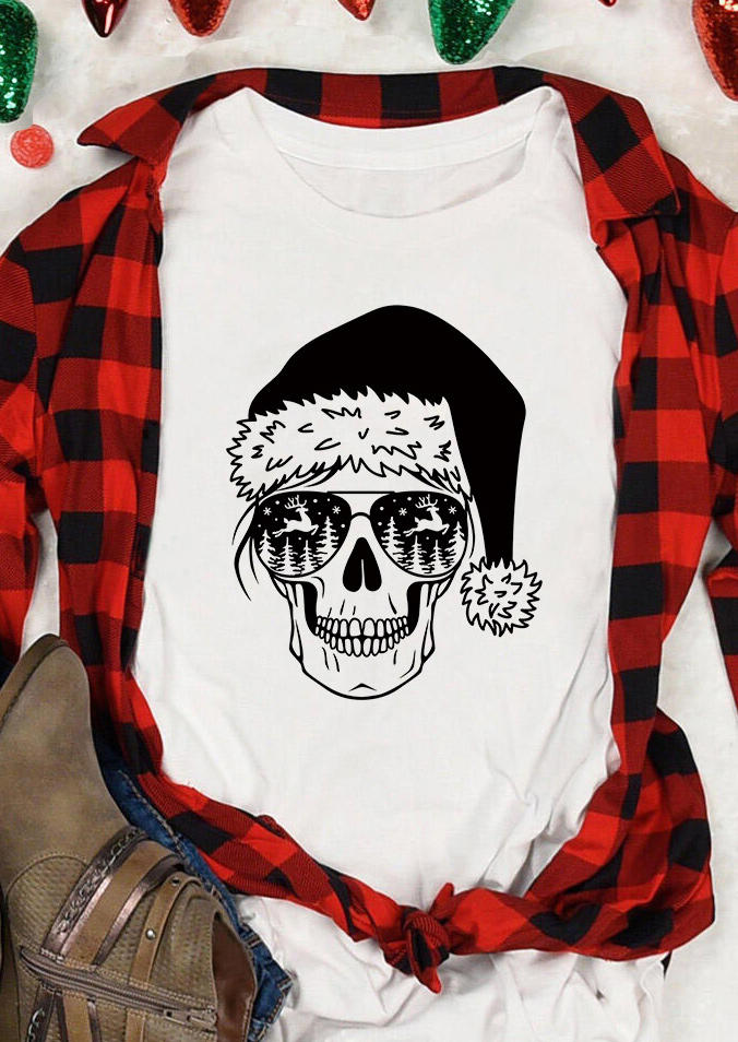

Christmas Hat Skull Snowflake O-Neck T-Shirt Tee - White, SCM008631