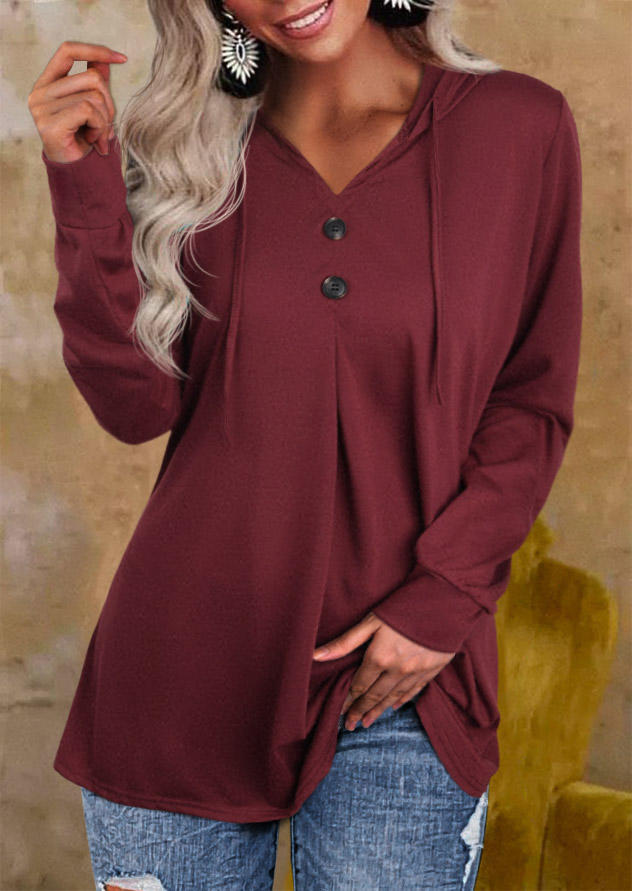 

Button Long Sleeve Hoodie - Burgundy, Red, SCM008644