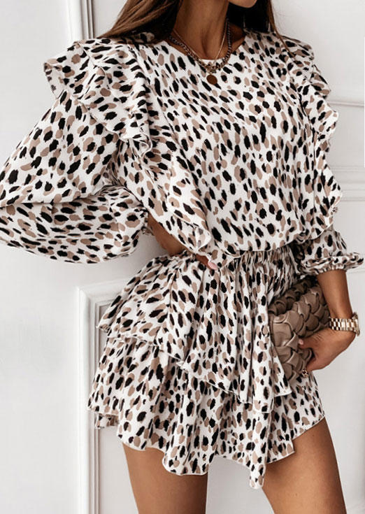 

Leopard Ruffled Layered Long Sleeve Mini Dress, Multicolor, SCM008687