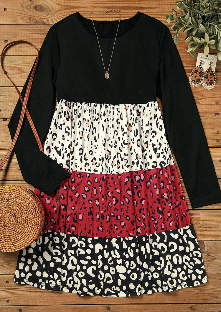 Color Block Leopard O-Neck Mini Dress