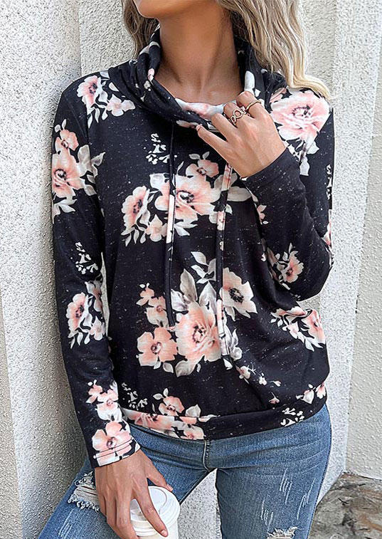 

Floral Cowl Neck Drawstring Sweatshirt - Black, SCM008707