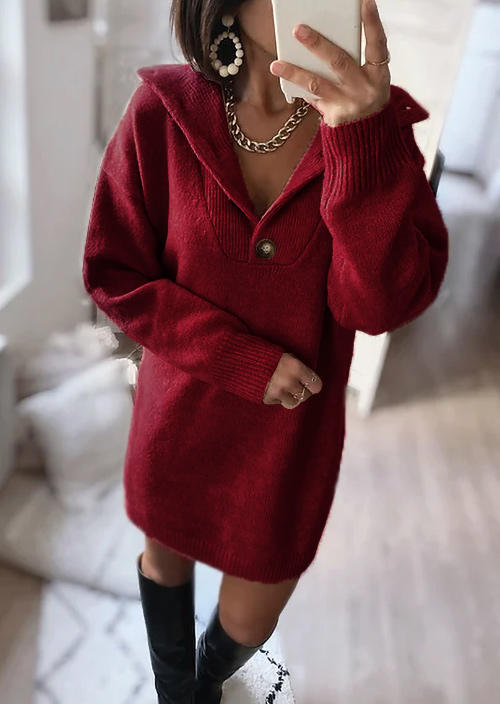 Button Long Sleeve Turn-Down Collar Sweater Dress - Burgundy