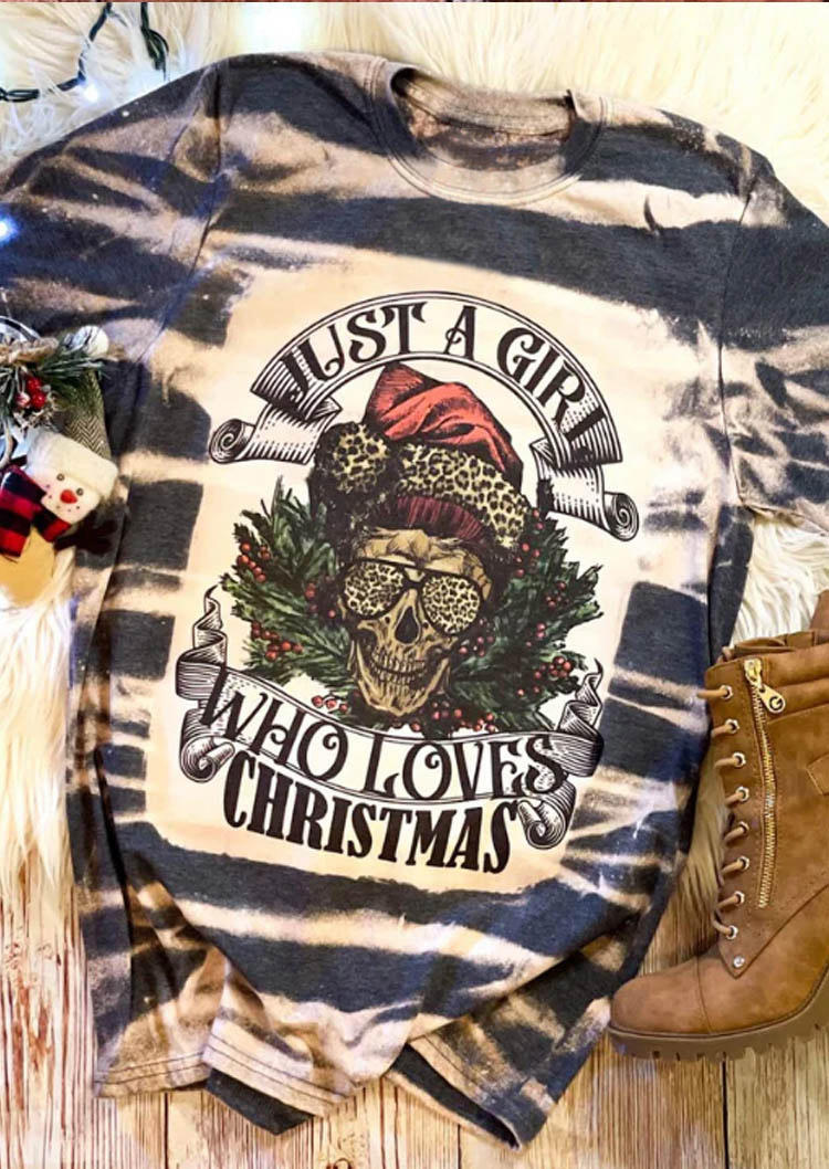 

Just A Girl Who Loves Christmas Leopard Skull T-Shirt Tee - Dark Grey, Gray, SCM008866