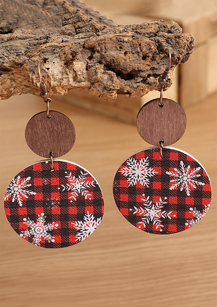 

Christmas Plaid Snowflake Round Earrings, Red, SCM008875