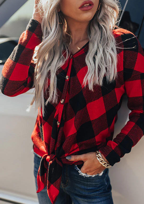 

Plaid Button Tie Long Sleeve Blouse - Red, SCM008935