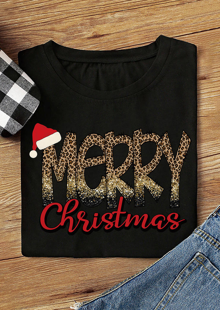 Merry Christmas Hat Leopard O-Neck T-Shirt Tee - Black