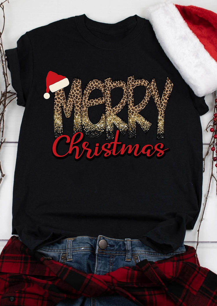 

Merry Christmas Hat Leopard O-Neck T-Shirt Tee - Black, SCM009017