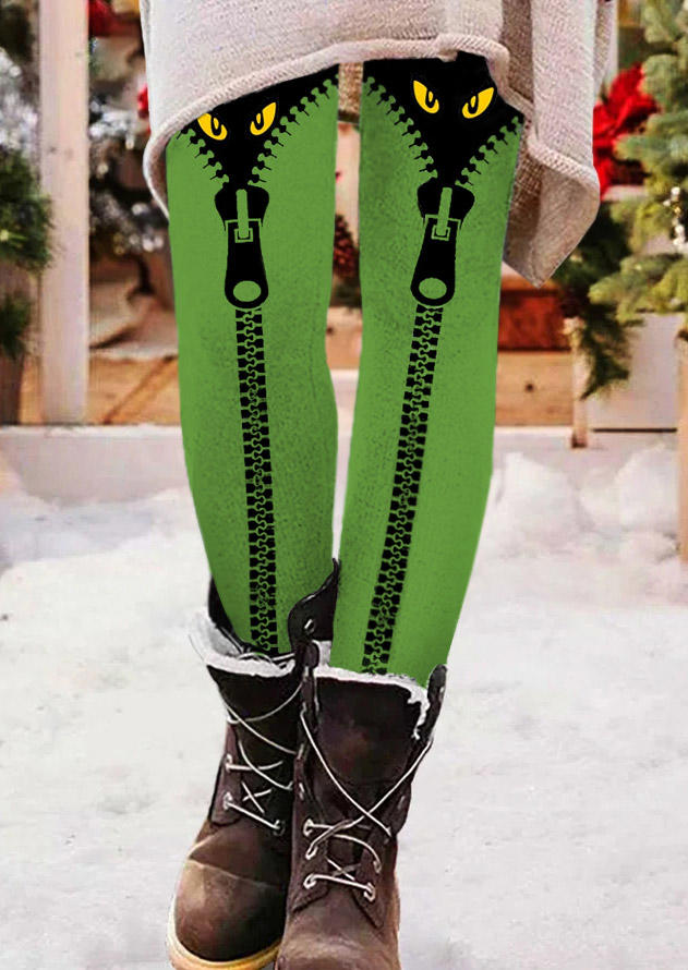 Christmas Cartoon Fake Zipper Leggings - Green
