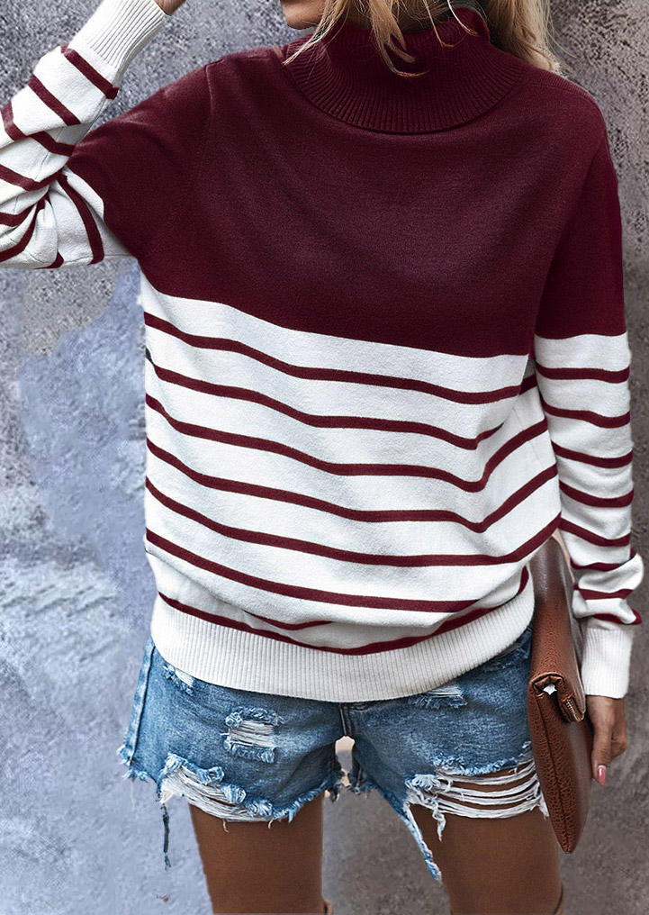 Striped Turtleneck Long Sleeve Sweater - Burgundy