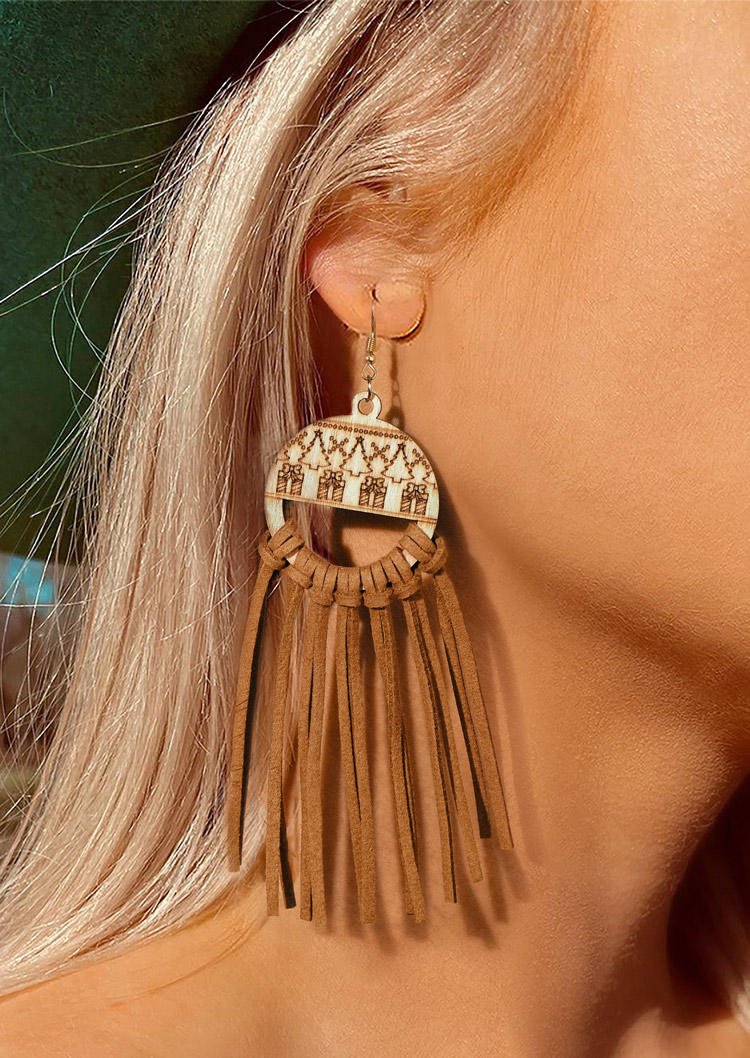 

Christmas Tree Tassel Hollow Out Earrings, Brown, SCM007656