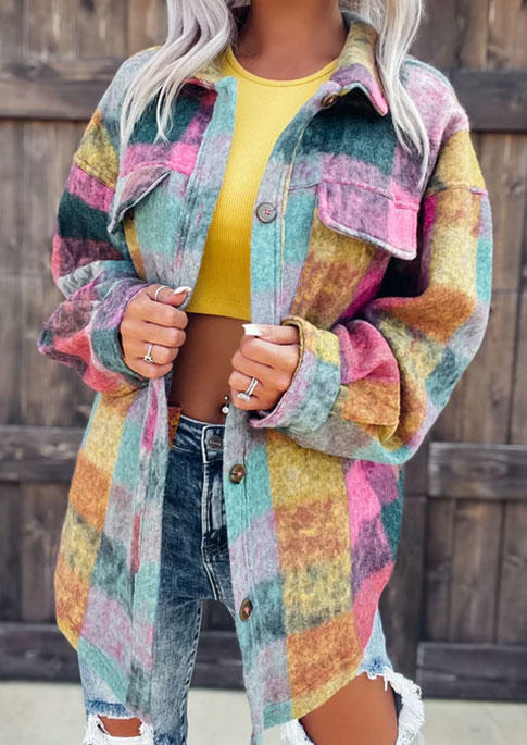 

Colorful Plaid Pocket Button Turn-down Collar Coat, Multicolor, SCM008190