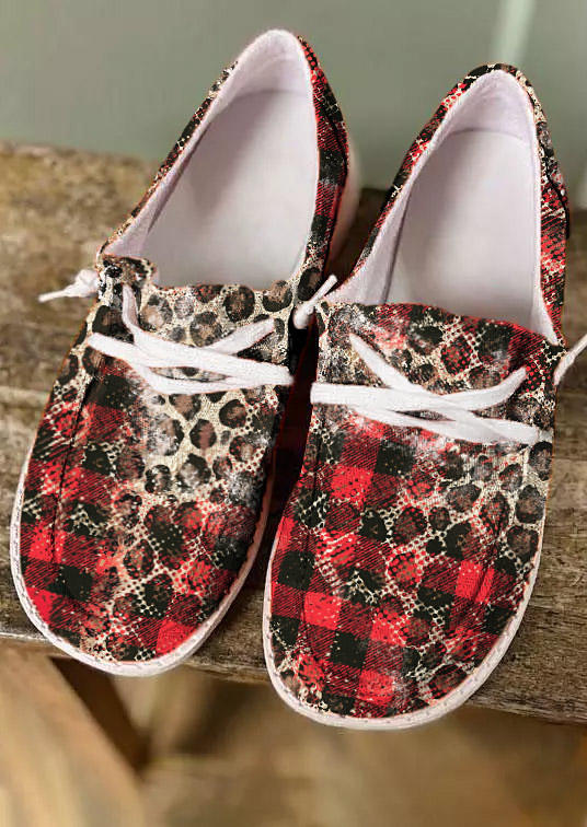 Plaid Leopard Flat Sneakers - Red