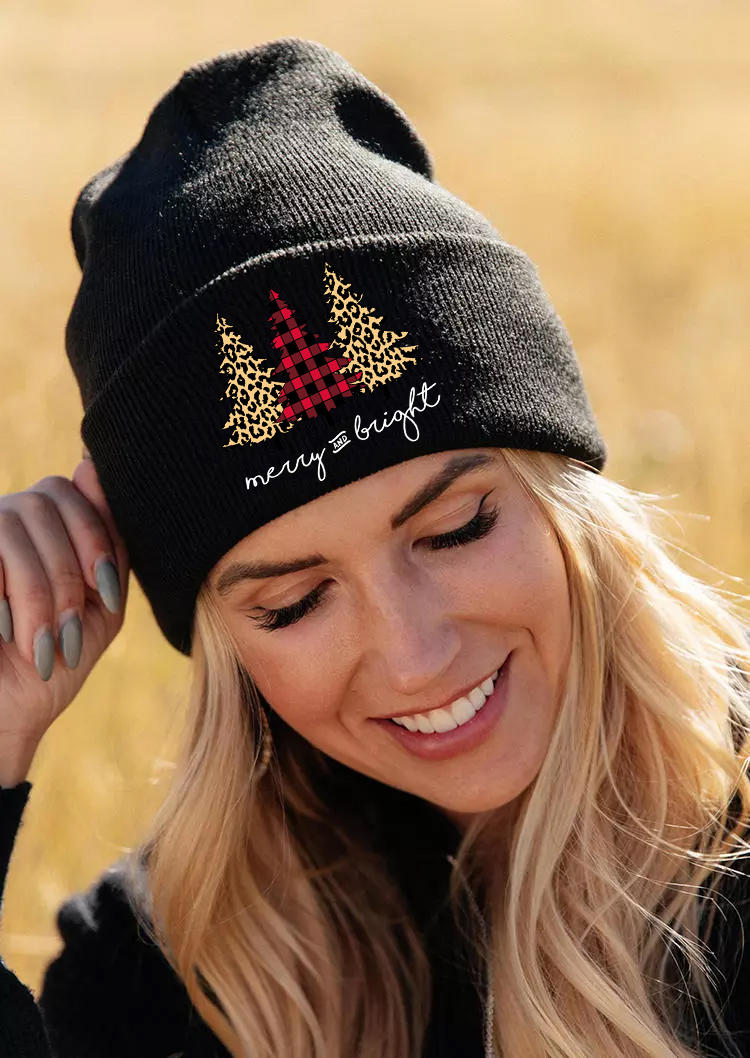 

Christmas Merry And Bright Leopard Plaid Beanie Hat, Black, SCM008507