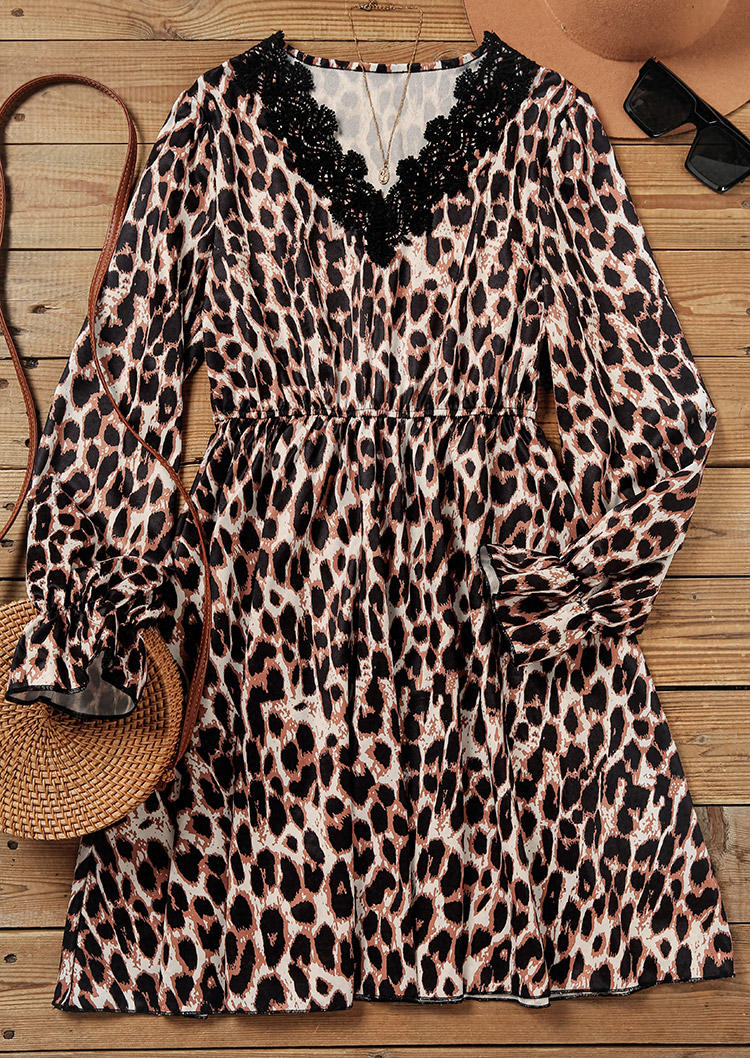 Lace Splicing Leopard Long Sleeve Mini Dress