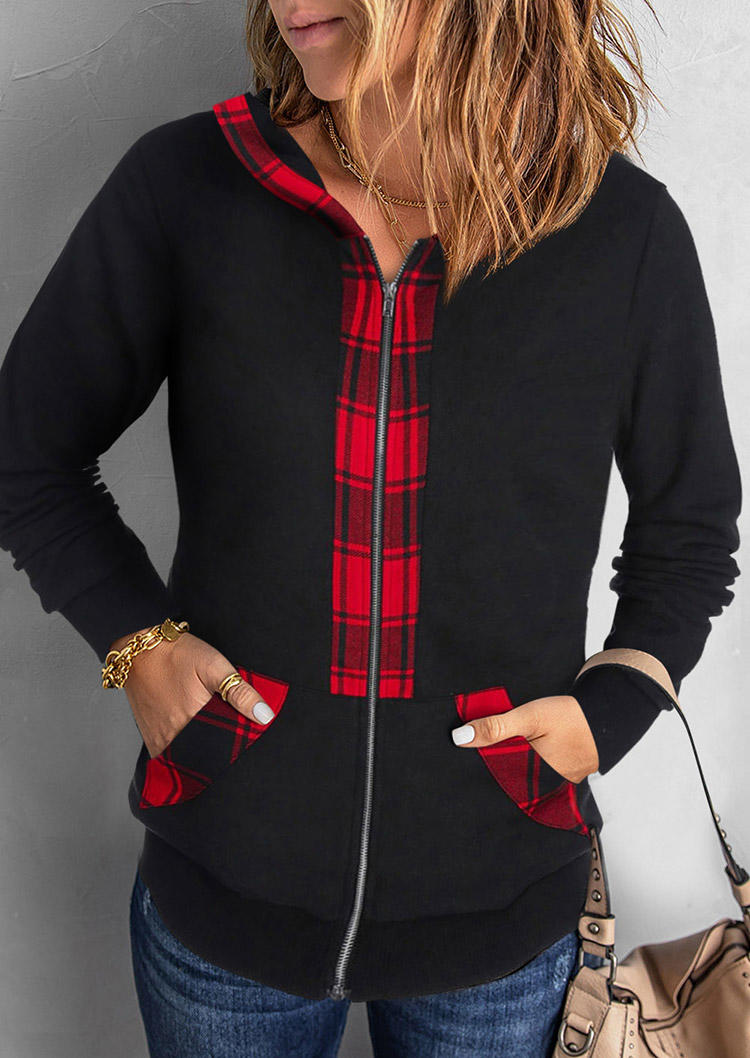 

Plaid Pocket Zipper Cat Ear Hoodie, Multicolor, SCM008565