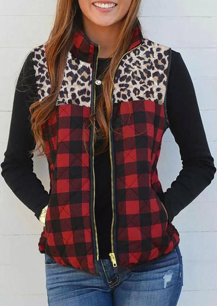 

Leopard Plaid Zipper Pocket Warm Vest Coat, Multicolor, SCM008764