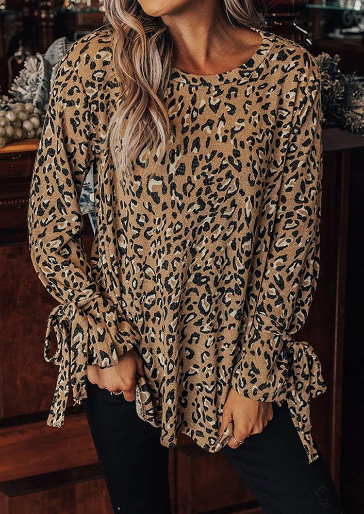 

Leopard Tie Long Sleeve Slit Blouse, Multicolor, SCM008809