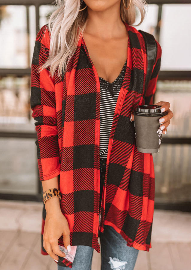 

Plaid Long Sleeve Open Front Cardigan - Red, SCM008933